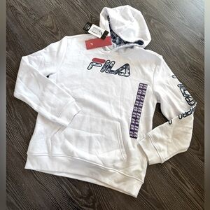 Youth Fila Hoodie, white, NWTS sz 18/20, tie dye hood, embroidered logos